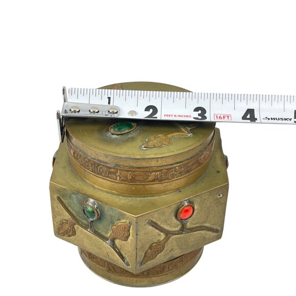 Vintage Chinese Brass Trinket Box With Enamel Inlays Decorative Lid Snuff - Picture 7 of 13